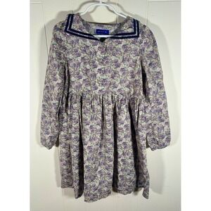 Maison Me Girls Floral Sailor Collar Dress Purple Green Velvet Trim 8Y